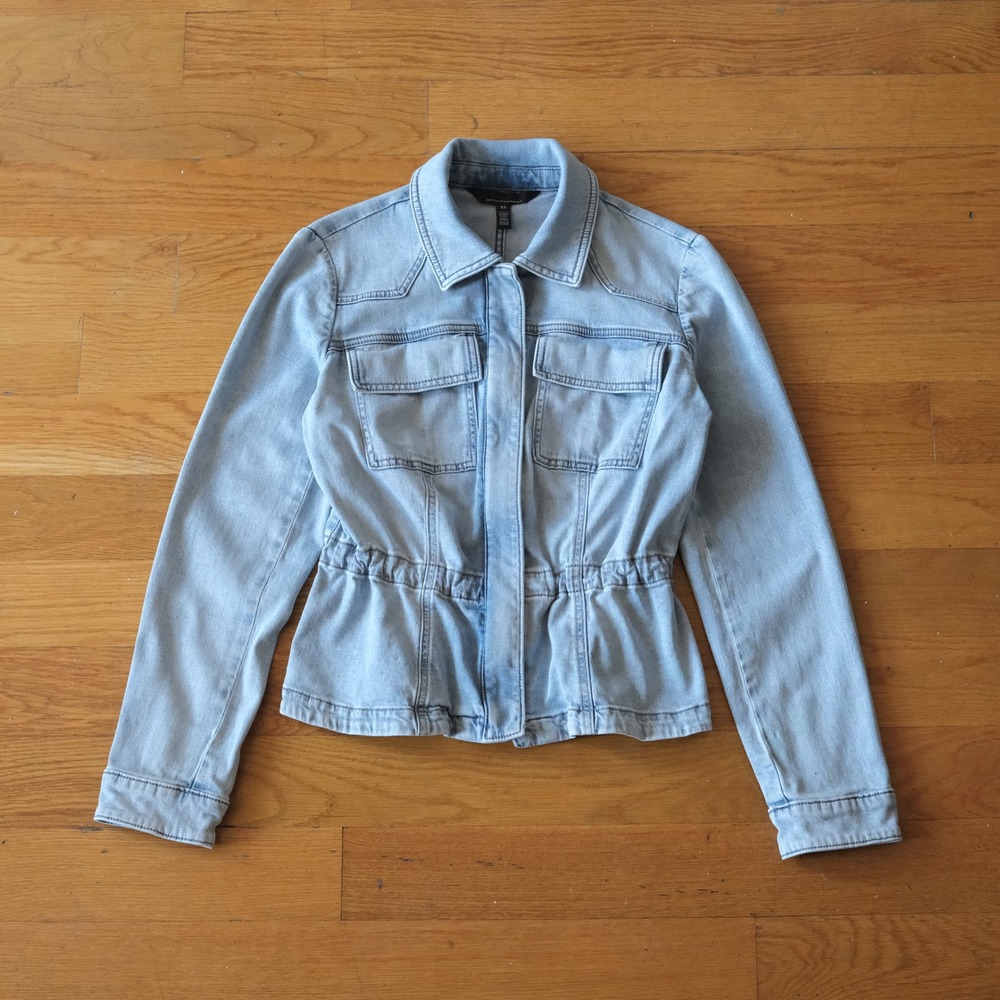 WHBM Cinched-Waist Denim Jacket Women XS Light Blue Peplum Zip Up Utility Casual